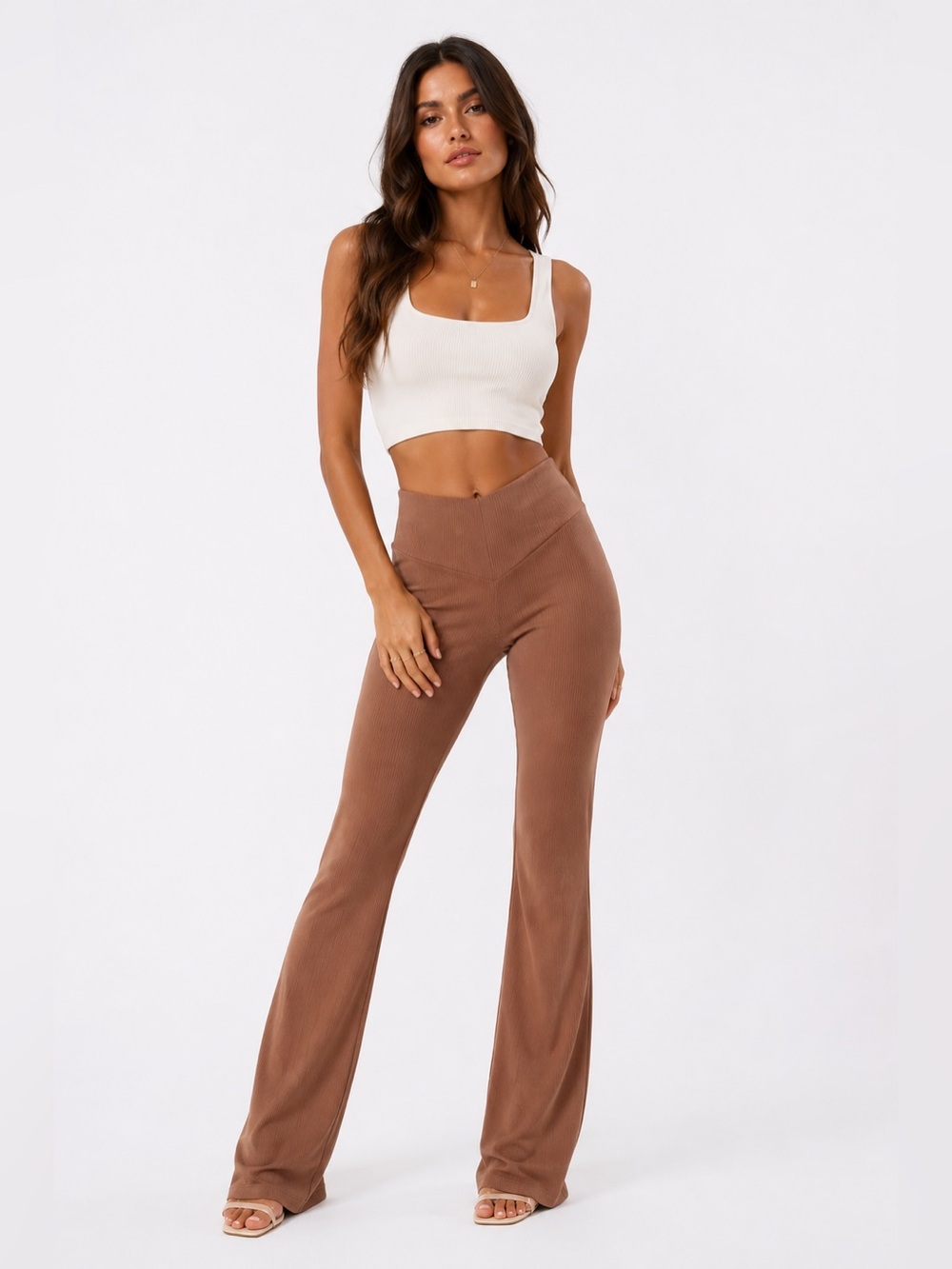 Naked Wardrobe Ribbed V-Cut Bootleg Leggings in Coco